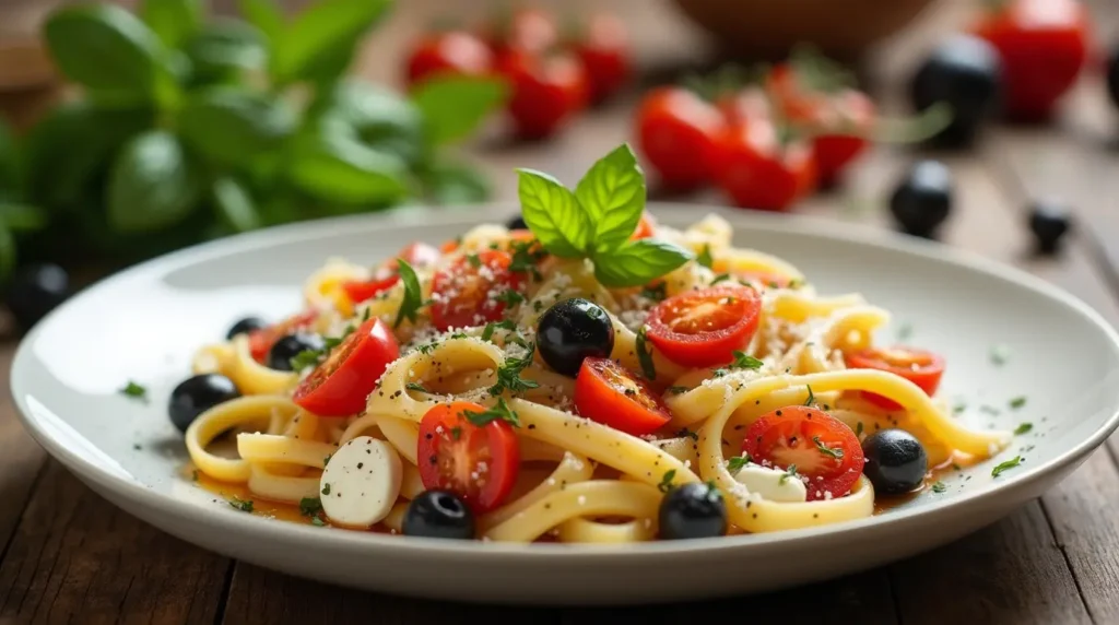 Pasta fredda con pomodorini, cetrioli, olive nere, mozzarella di bufala, basilico e un filo di olio d'oliva.