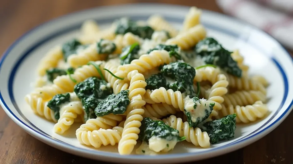 Piatti di pasta con spinaci freschi e un filo d'olio d'oliva, guarniti con una spolverata di parmigiano e serviti su un tavolo rustico.