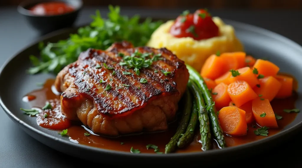 Un piatto gourmet di carne di cavallo cotta alla perfezione, accompagnato da purè di patate, verdure grigliate e una salsa al vino rosso su un piatto di ceramica scura.