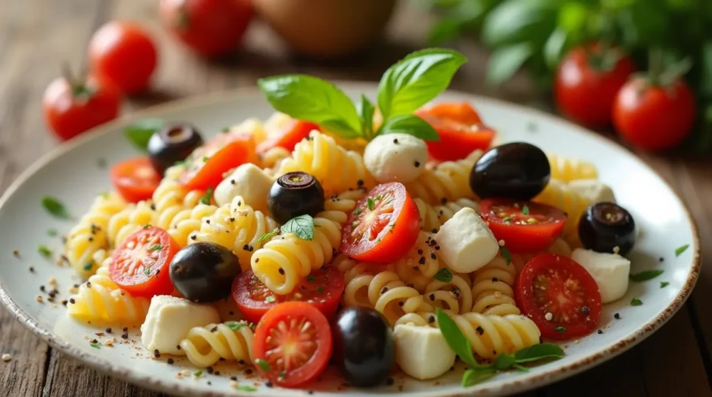 Pasta Fredda con Tonno e Zucchine , cetrioli, olive nere, mozzarella di bufala, basilico, olio d'oliva e aceto balsamico.