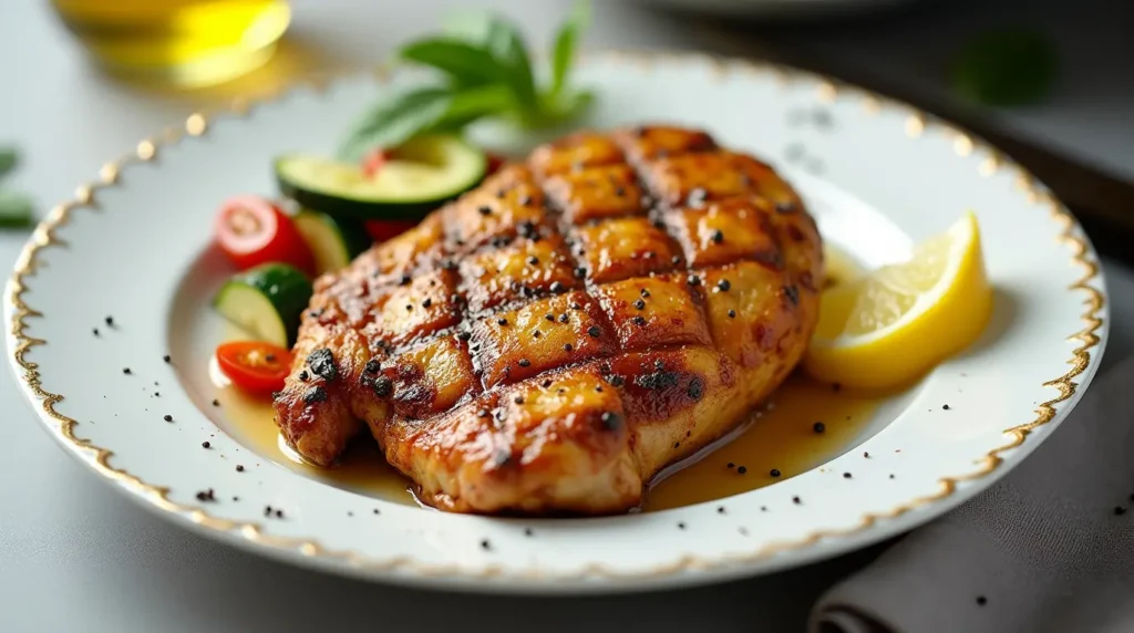 Petto di pollo con verdure come zucchine, pomodorini e limone, decorato con basilico e olio d'oliva.