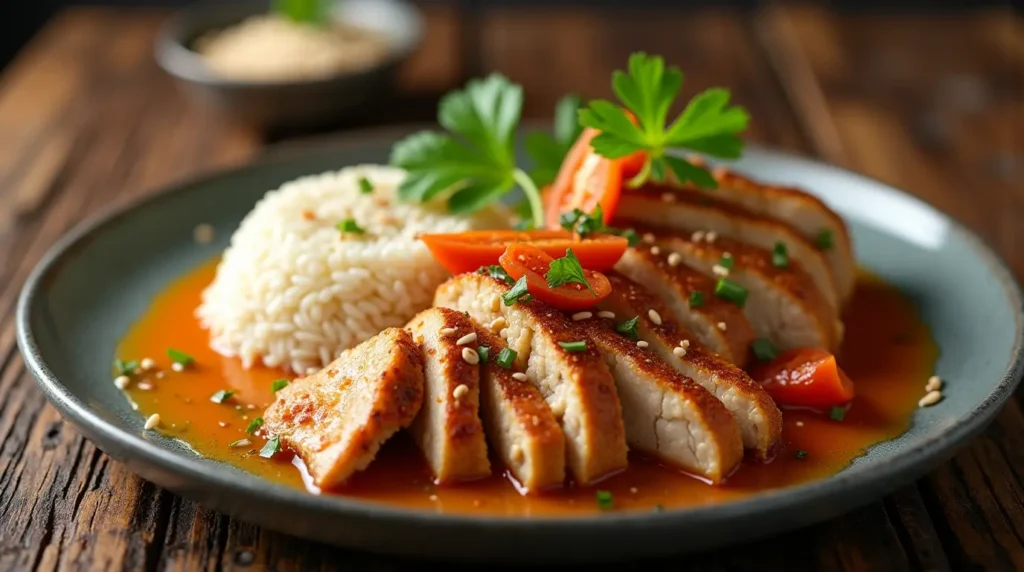 Pollo con salsa di soia, aglio, zenzero e peperoncino, servito con riso bianco e decorato con cipollotto e semi di sesamo.
