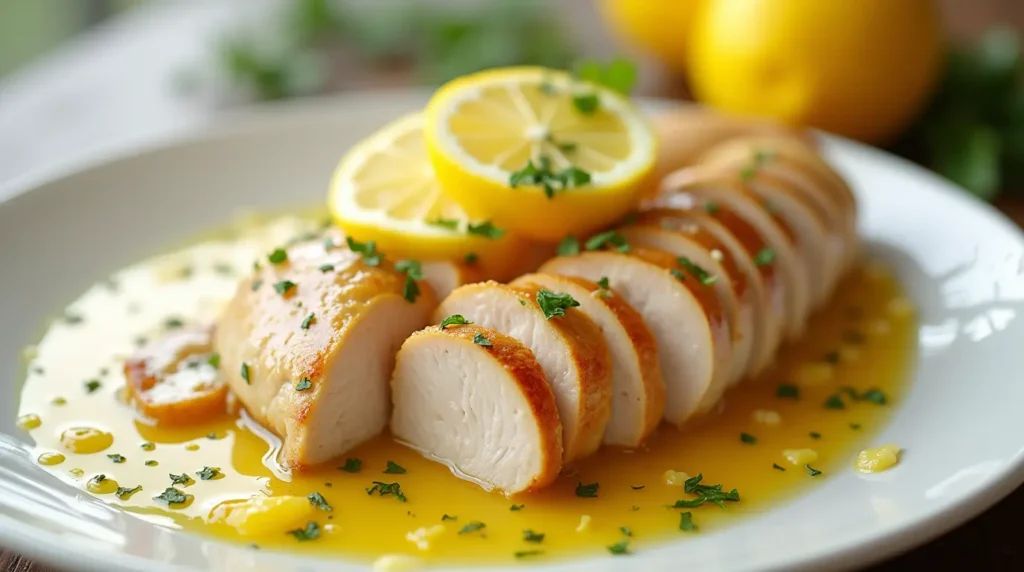 Fettine di pollo al limone, servite con salsa lucida al limone, guarnite con fette di limone e erbe fresche su un piatto elegante.