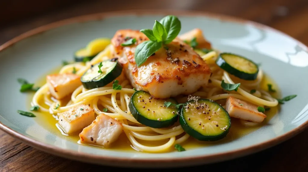 Piatto di pasta con pesce spada grigliato e zucchine, condita con olio d'oliva e guarnita con erbe fresche, servita su un piatto rustico.