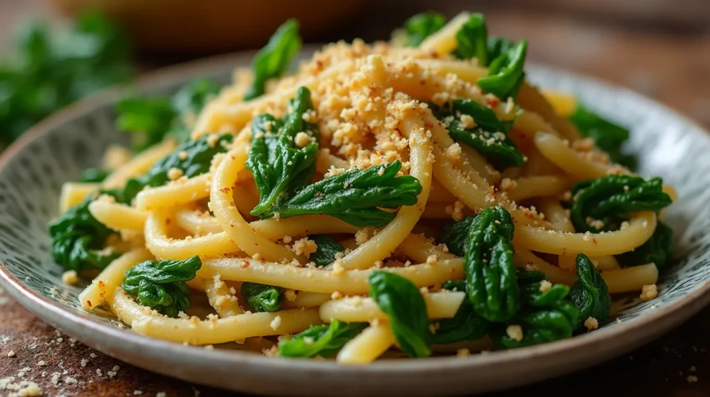 Piatto di pasta con cime di rapa, con cime di rapa verdi e brillanti, condita con aglio, olio e peperoncino, servita su un piatto rustico.