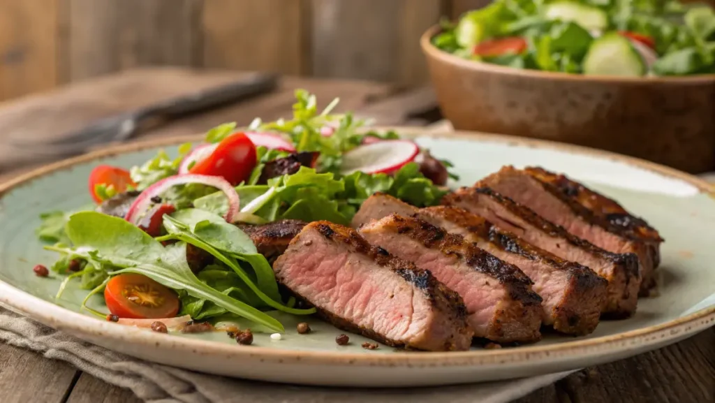 Fettine sottili di Carne Salada su un tagliere rustico, accompagnate da cipolla, rosmarino e fette di pane, rappresentando una ricetta tradizionale trentina.