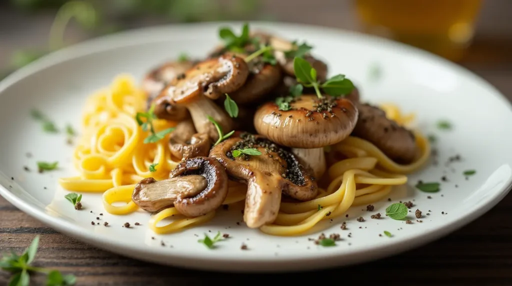 Funghi champignon cotti senza panna, serviti su un piatto con erbe aromatiche fresche.