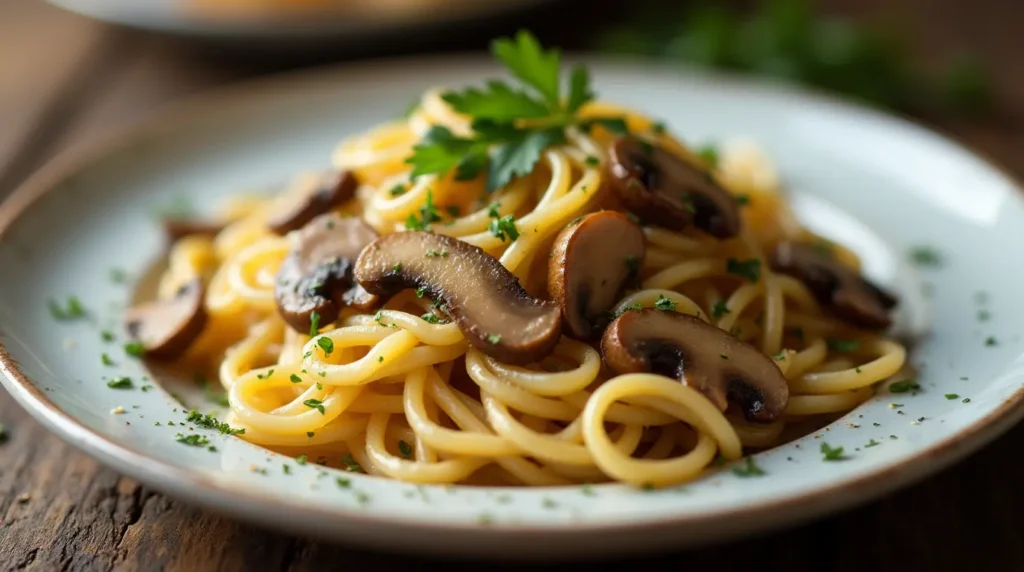 Piatto di pasta con funghi, con funghi dorati e saporiti, condita con olio d'oliva e aromi freschi, servita su un piatto elegante.