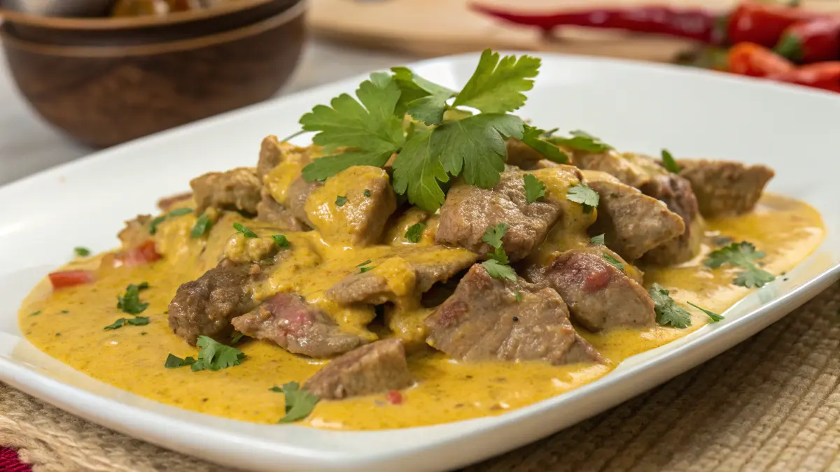 Salsa cremosa con senape servita accanto a una bistecca succulenta, guarnita con erbe fresche.