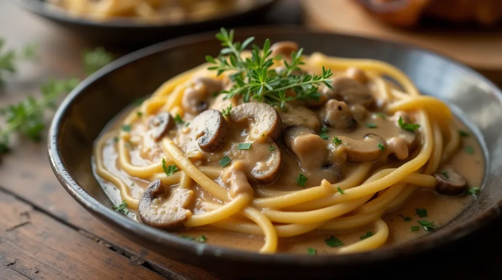 Salsa di funghi senza panna, servita in una ciotola e accompagnata da piatto di pasta, con erbe fresche come guarnizione.