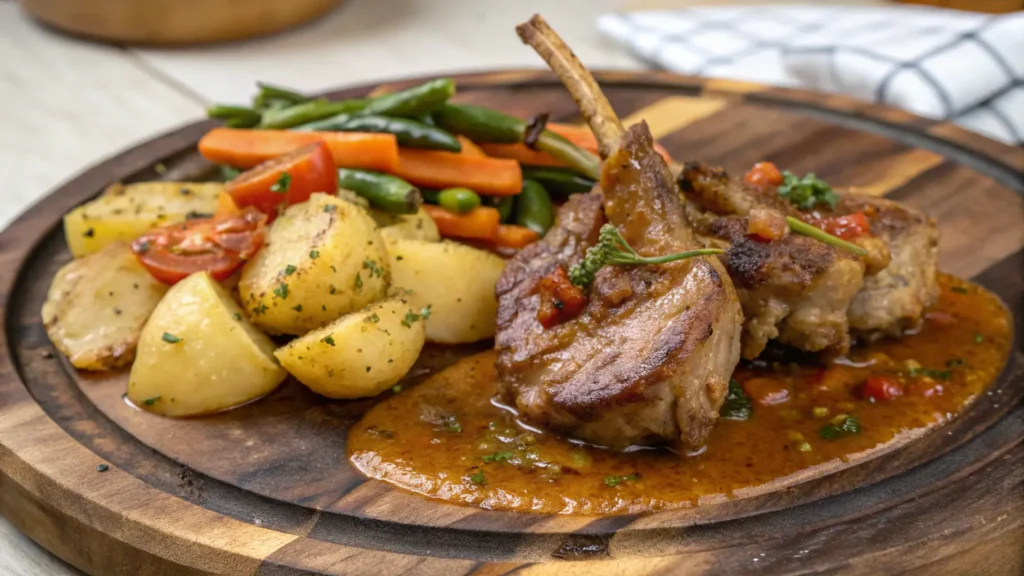 Secondi piatti di carne di coniglio, serviti con contorni di verdure fresche e guarniti con erbe aromatiche.