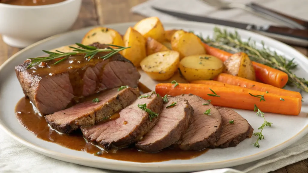 Taglio di carne per brasato, muscolo di manzo, con aromi freschi come rosmarino, alloro, cipolle e carote.