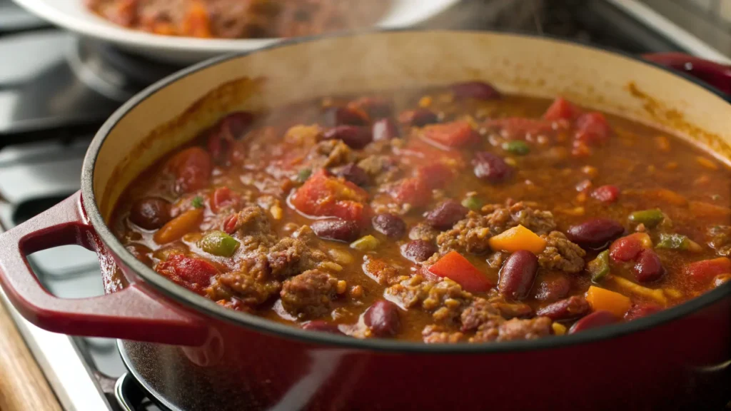 Un piatto di Chili con Carne ricco di carne di manzo, fagioli rossi e spezie, guarnito con panna acida, formaggio grattugiato e coriandolo fresco, servito con tortilla chips.