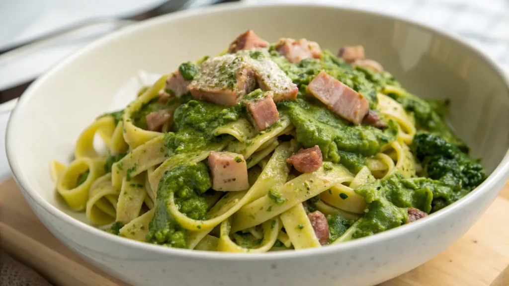 Piatti di pasta con pesto verde e tonno, decorati con foglie di basilico fresco e una spolverata di formaggio grattugiato, pronti da gustare.
