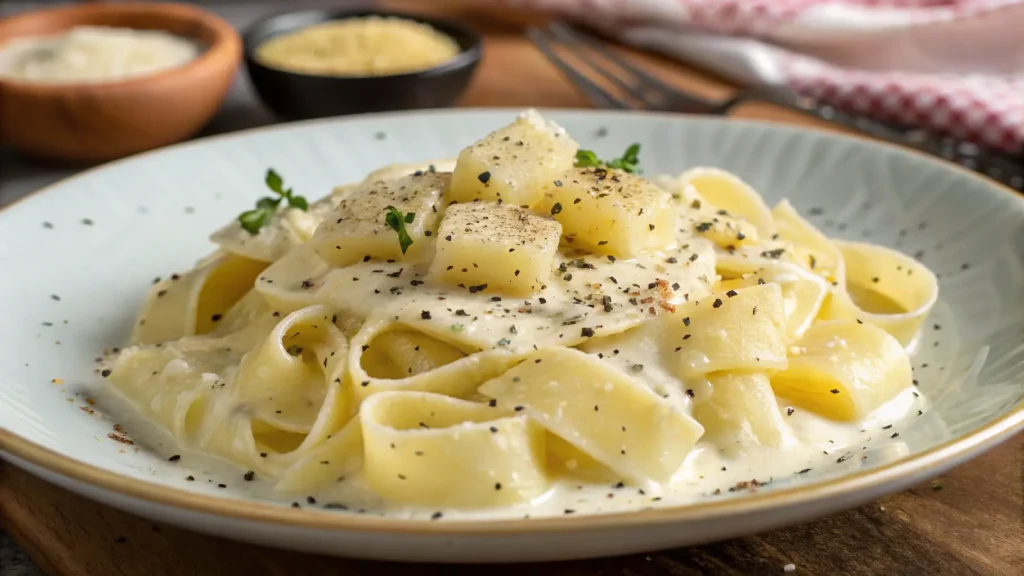 Un piatto di pasta cremosa con patate e provola fusa, decorato con pepe nero e prezzemolo, su un tavolo rustico in legno.