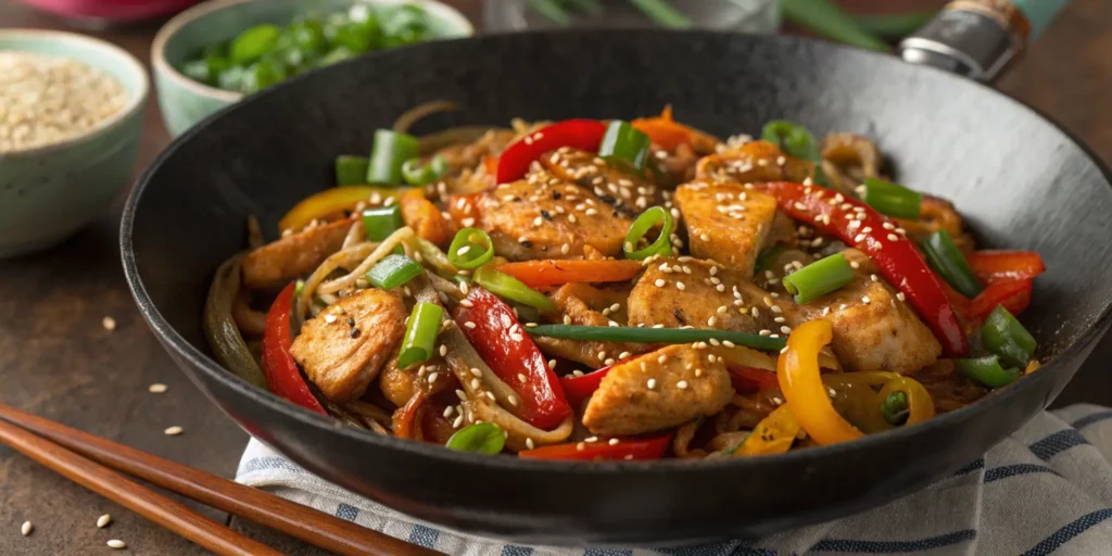 Pollo e mandorle senza soia, con pollo dorato e mandorle tostate, guarnito con verdure fresche e erbe aromatiche, servito su un piatto rustico.