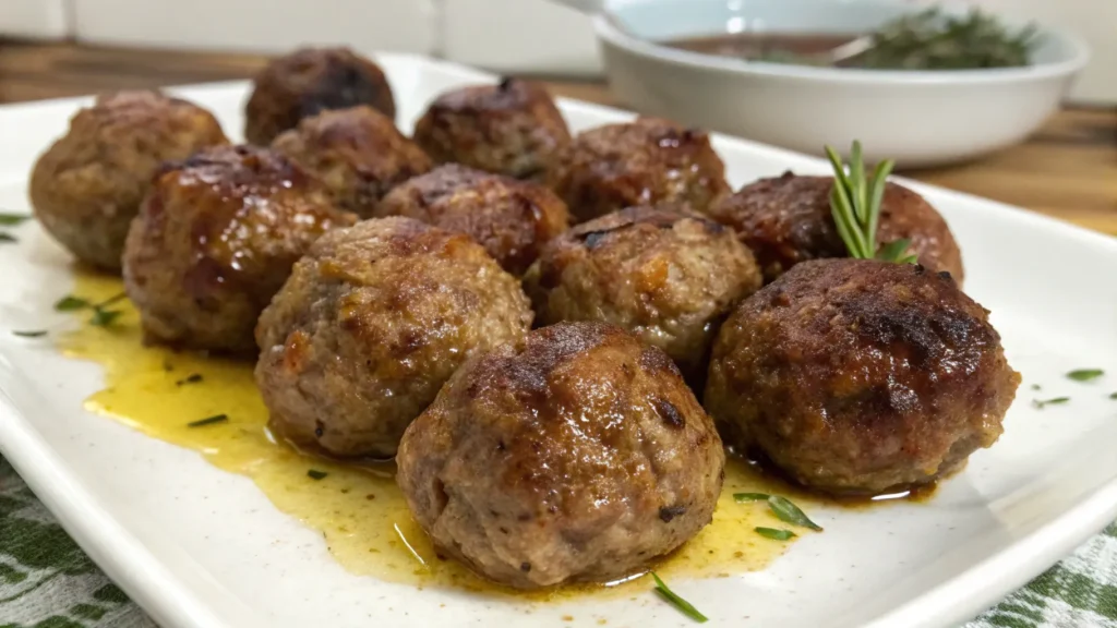 Polpette di carne con spinaci, dorate e croccanti, disposte su un piatto con spinaci freschi e un filo d'olio d'oliva.