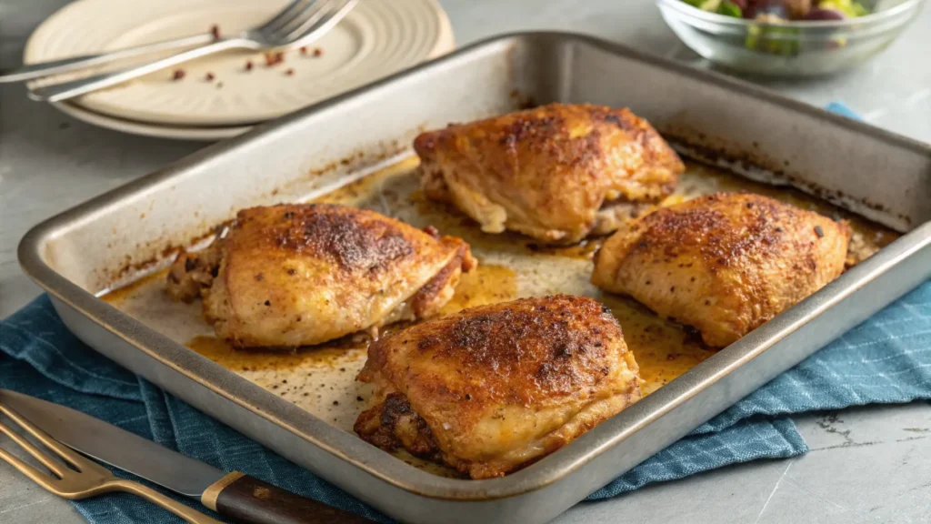 Cosce di pollo al forno, dorate e croccanti, accompagnate da verdure arrosto come patate e carote, guarnite con rosmarino e timo freschi.