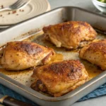 Cosce di pollo al forno, dorate e croccanti, accompagnate da verdure arrosto come patate e carote, guarnite con rosmarino e timo freschi.