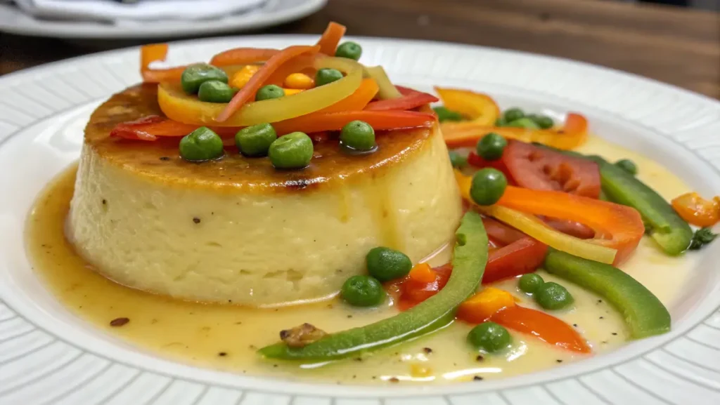 Aspic di pollo con gelatina trasparente, pezzi di pollo e verdure colorate come carote, piselli e peperoni, guarnito con erbe fresche.