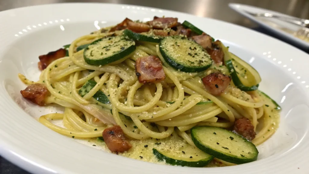 Piatti di pasta con zucchine croccanti e pancetta dorata, guarniti con una spolverata di parmigiano e foglie di basilico fresco.