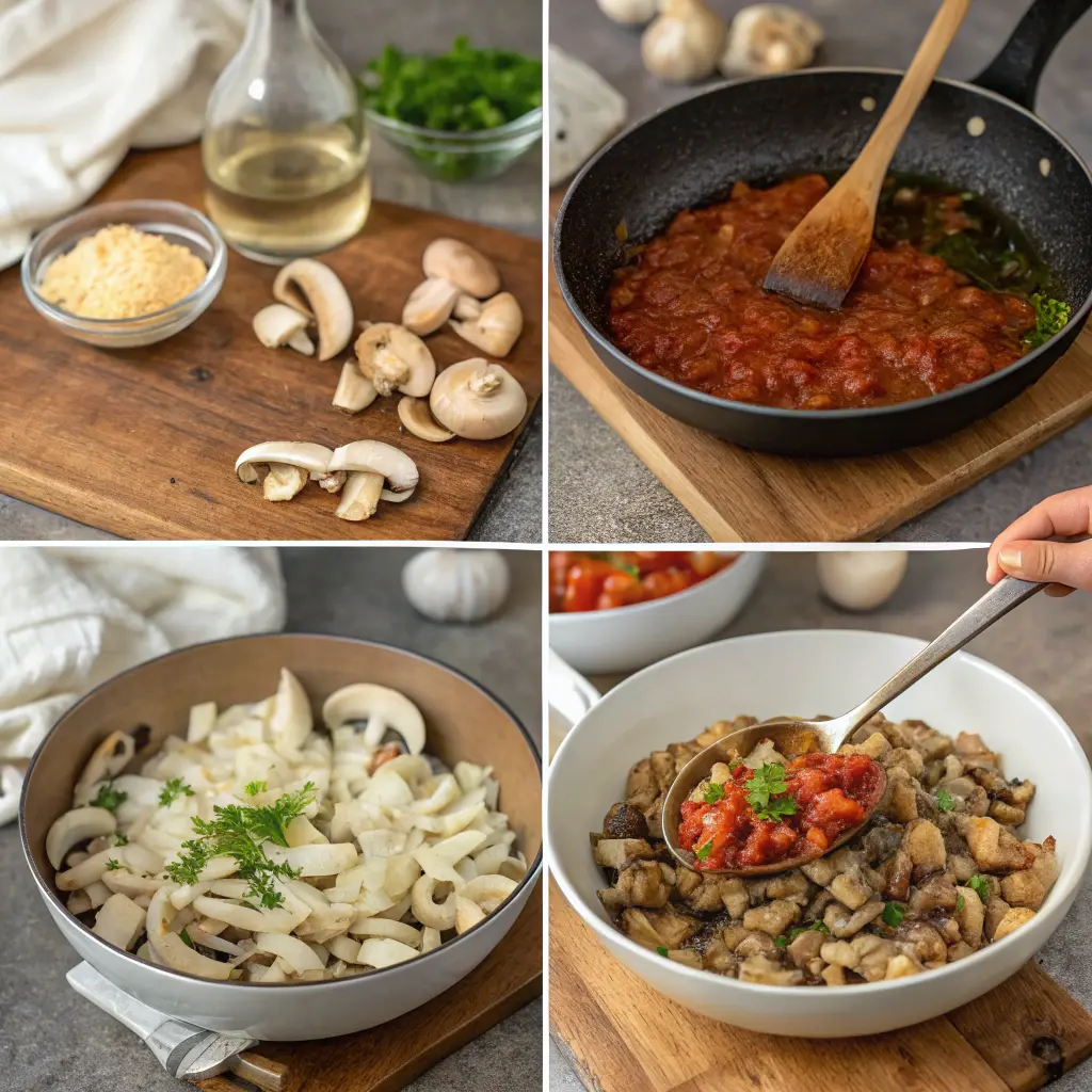 Salsa di funghi senza panna preparata passo dopo passo, con funghi trifolati ed erbe aromatiche.