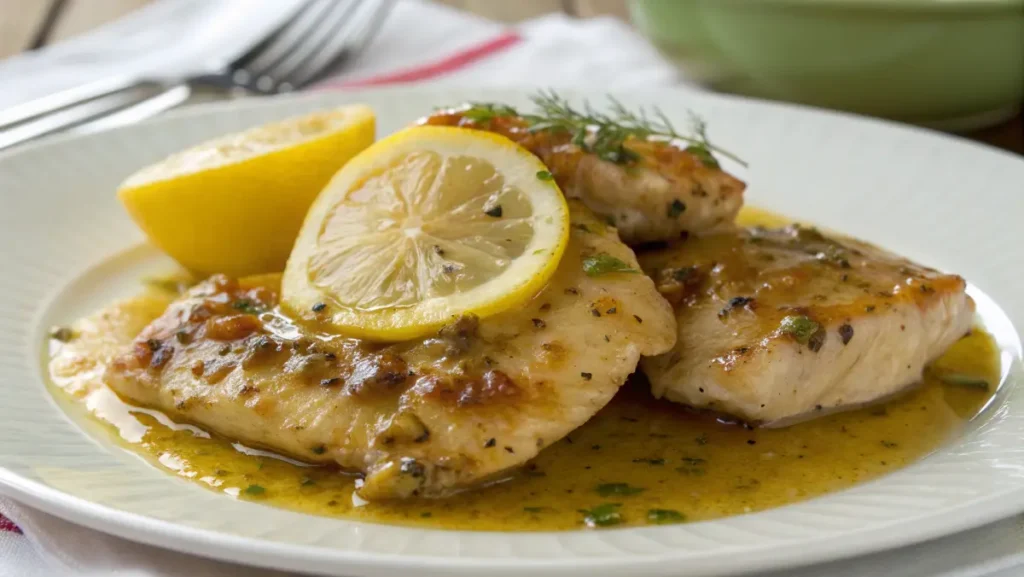 Straccetti di pollo al limone, dorati e avvolti in una salsa al limone, guarniti con fette di limone e prezzemolo fresco, serviti su un piatto rustico.