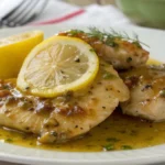 Straccetti di pollo al limone, dorati e avvolti in una salsa al limone, guarniti con fette di limone e prezzemolo fresco, serviti su un piatto rustico.