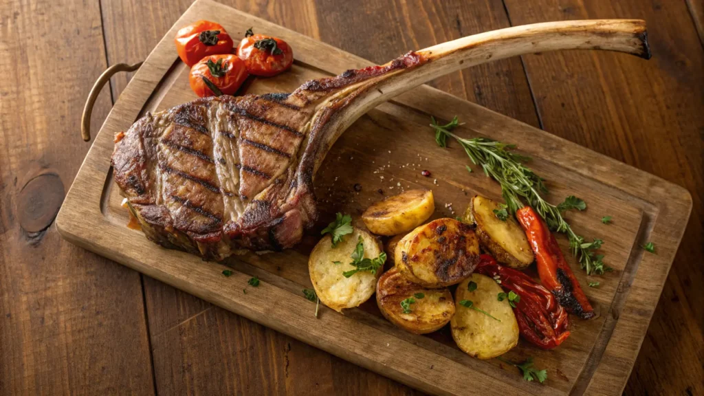 Bistecca Tomahawk succulenta con osso lungo a forma di ascia, cotta alla griglia, con evidente marezzatura e crosticina dorata, servita su un tagliere di legno rustico con contorni di patate al forno e verdure grigliate.