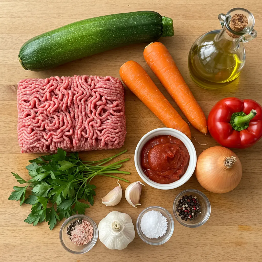 Ingredienti crudi disposti per preparare il macinato di carne fatto in casa.