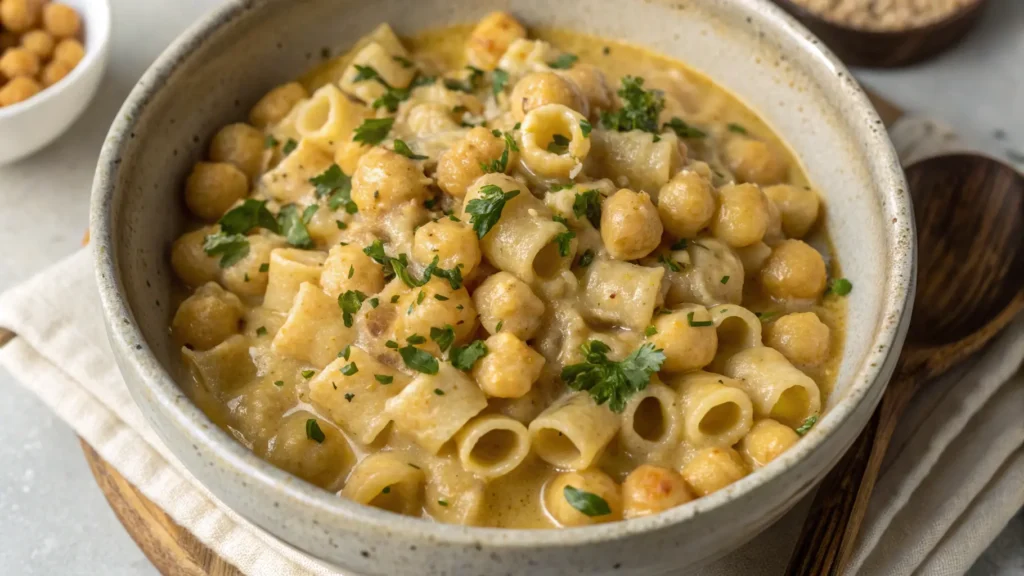 Pasta e ceci con Bimby servita in un piatto rustico, cremosa e profumata.