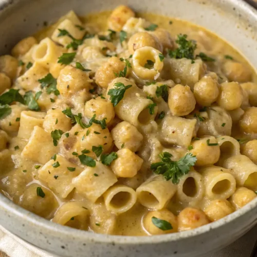 Pasta e ceci con Bimby servita in un piatto rustico, cremosa e profumata.