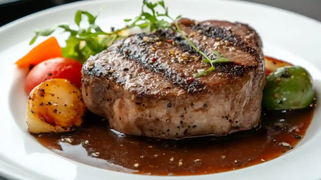 Vista dall’alto di un piatto con carne grass fed cotta e salsa cremosa, guarnita con prezzemolo fresco, su un tavolo con panno da cucina chiaro.