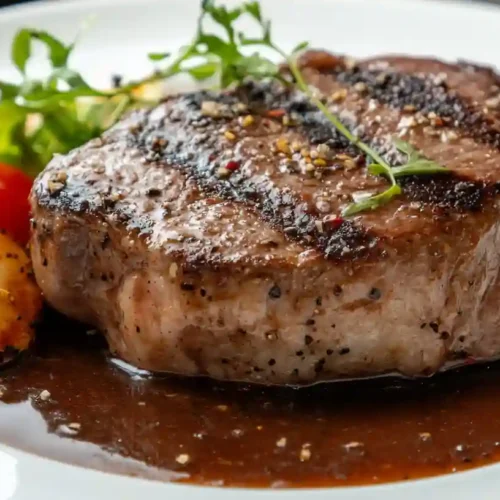 Vista dall’alto di un piatto con carne grass fed cotta e salsa cremosa, guarnita con prezzemolo fresco, su un tavolo con panno da cucina chiaro.