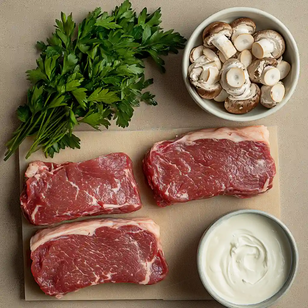 Disposizione flat-lay degli ingredienti crudi per carne grass fed con panna, funghi, prezzemolo e spezie su un tagliere chiaro.