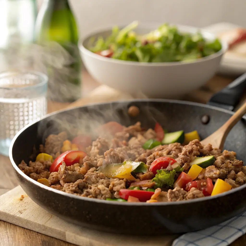 Ingredienti freschi per macinato di carne disposti sul piano da cucina.