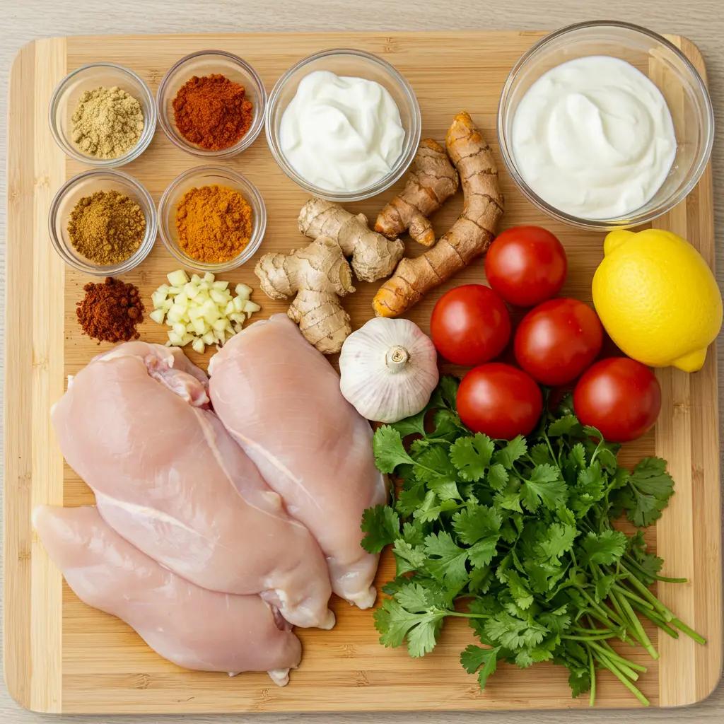 Ingredienti freschi per preparare il pollo al curry con yogurt.
