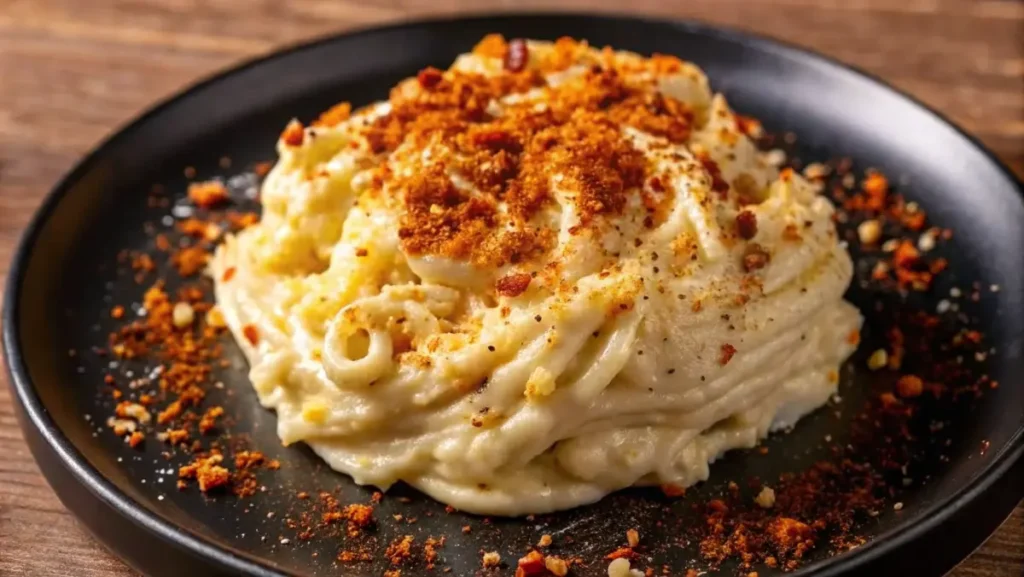 Piatto di pasta con crema di cavolfiore, cremoso e leggero, guarnito con pepe nero e olio evo.