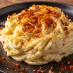 Piatto di pasta con crema di cavolfiore, cremoso e leggero, guarnito con pepe nero e olio evo.
