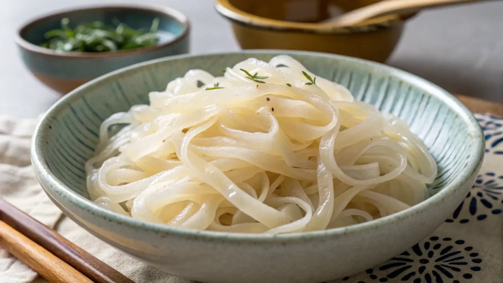 Pasta di konjac cruda in ciotola bianca: alternativa ipocalorica e senza glutine.