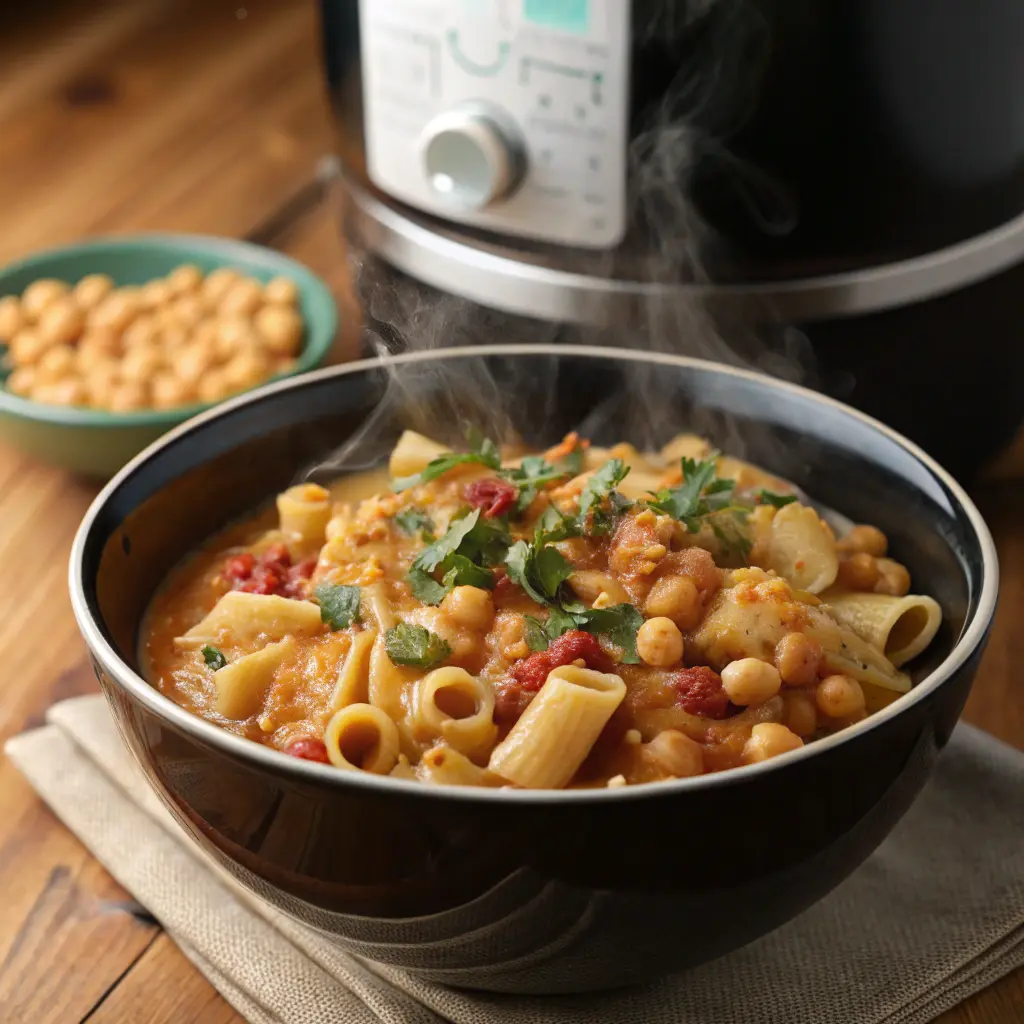 Piatto di pasta e ceci cremoso preparato con il Bimby pronto da servire