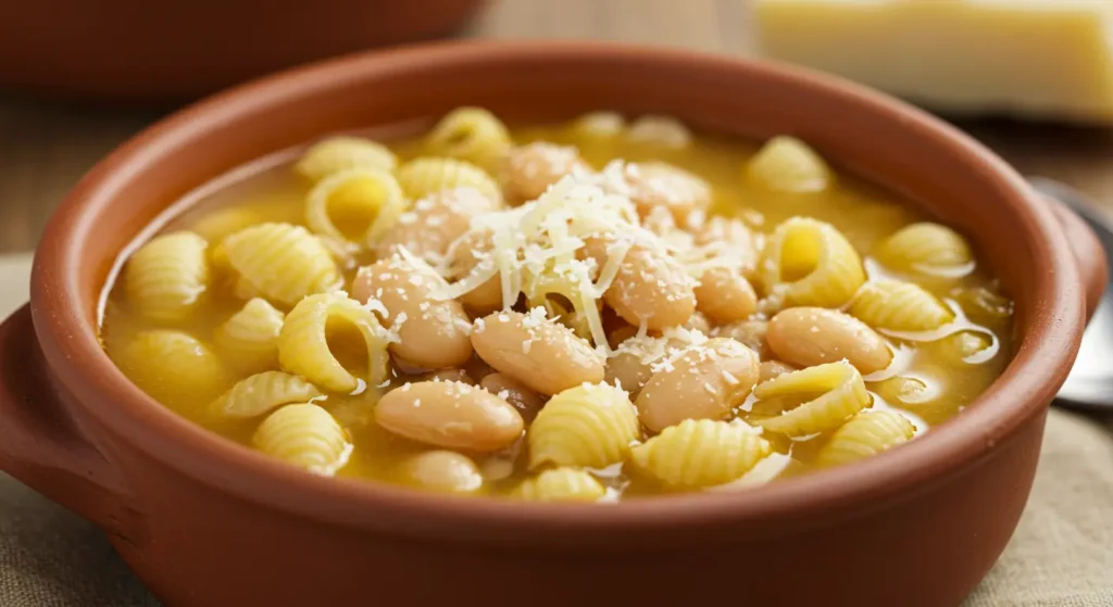 Zuppa cremosa di pasta e fagioli soup servita calda, con un filo d’olio e pane rustico a lato.