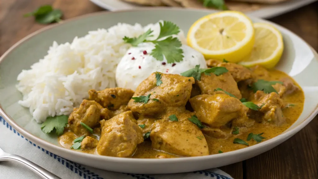 Pollo al curry con yogurt cremoso servito con riso basmati.