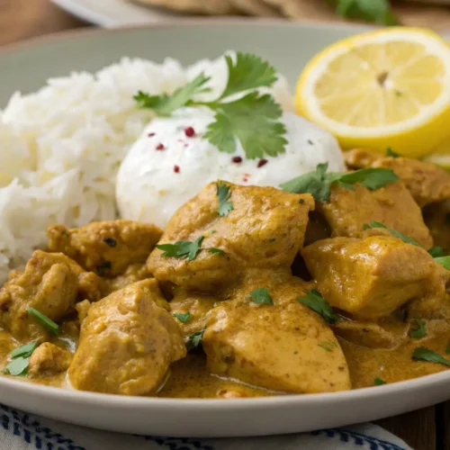 Pollo al curry con yogurt cremoso servito con riso basmati.