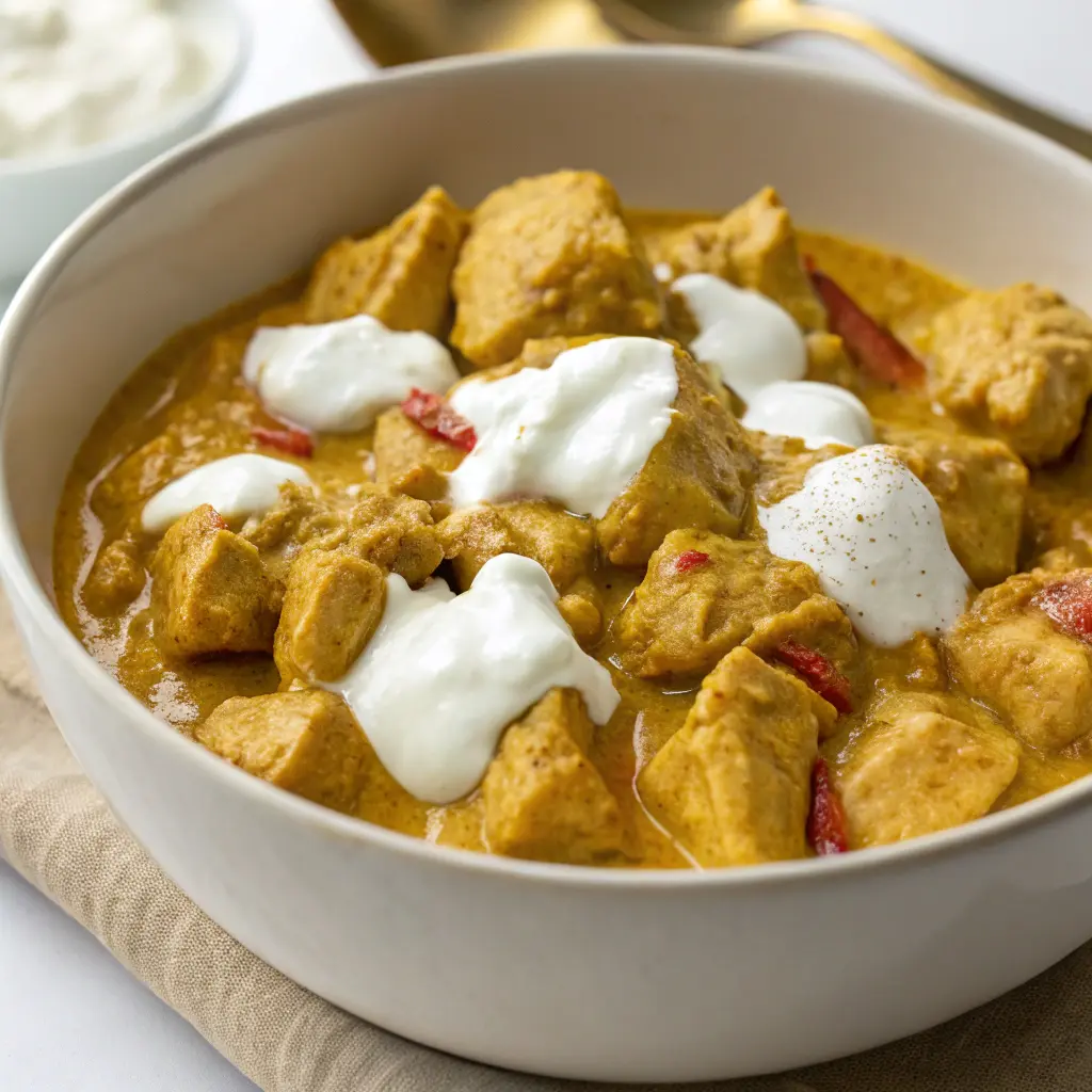 Preparazione del pollo al curry con yogurt in padella passo dopo passo.