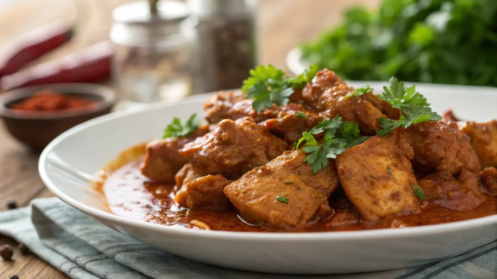 Petto di pollo cotto alla paprika con contorno, speziato e dorato, pronto da servire.