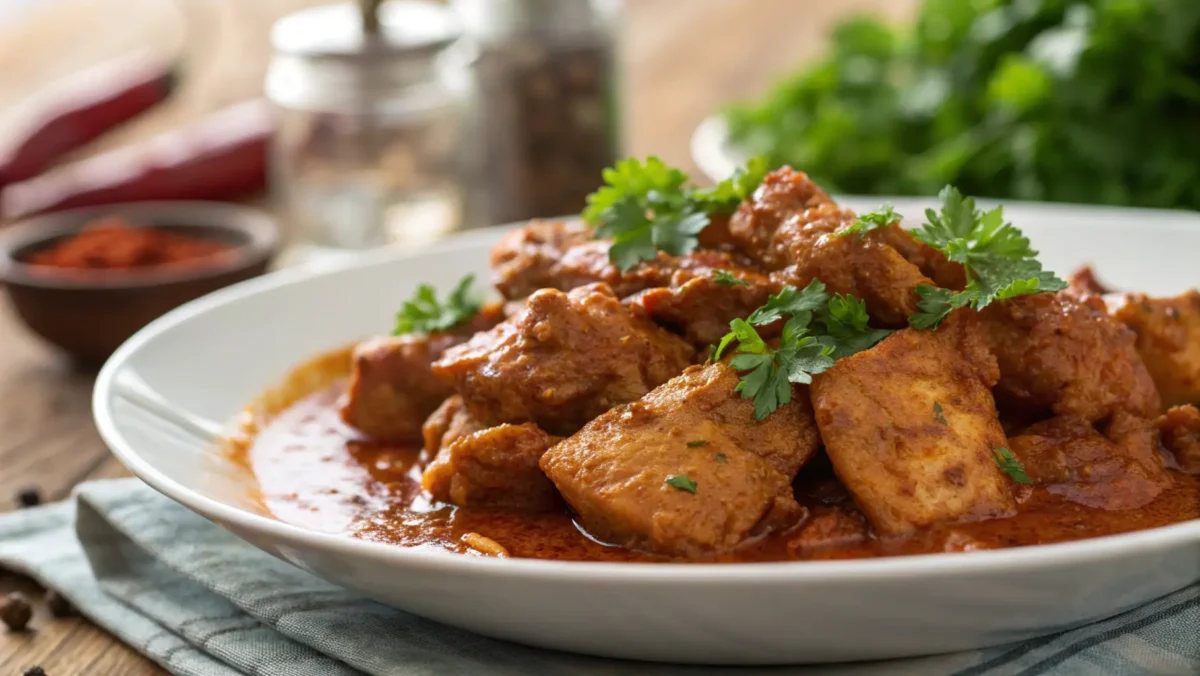 Petto di pollo cotto alla paprika con contorno, speziato e dorato, pronto da servire.
