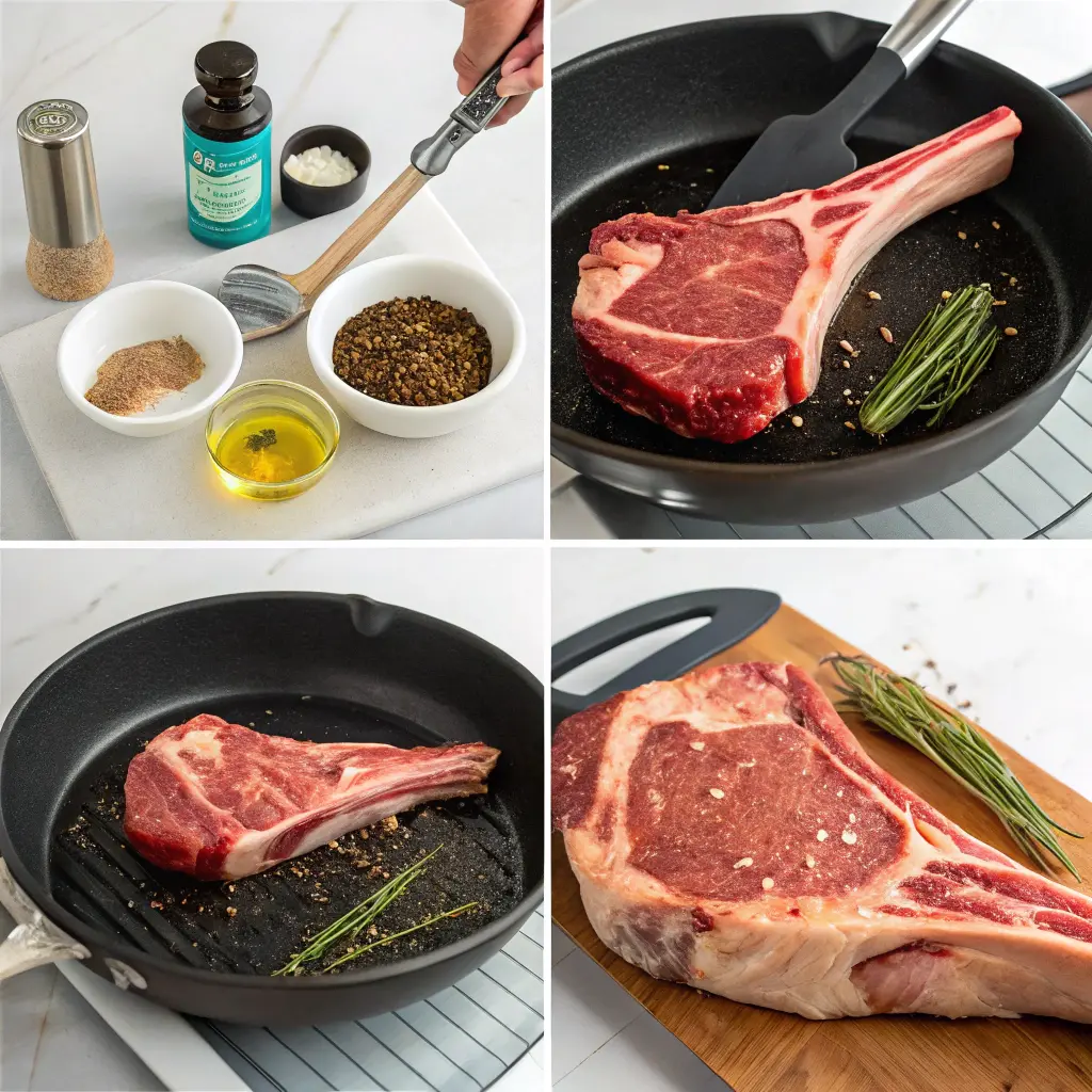 Preparazione della carne tomahawk passo passo con taglio, condimento e cottura su griglia