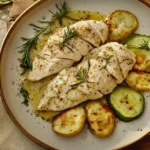 Vista dall’alto di un piatto di rustichelle di pollo dorate con verdure colorate, rosmarino fresco e limone, su un piatto rustico con tovagliolo beige.
