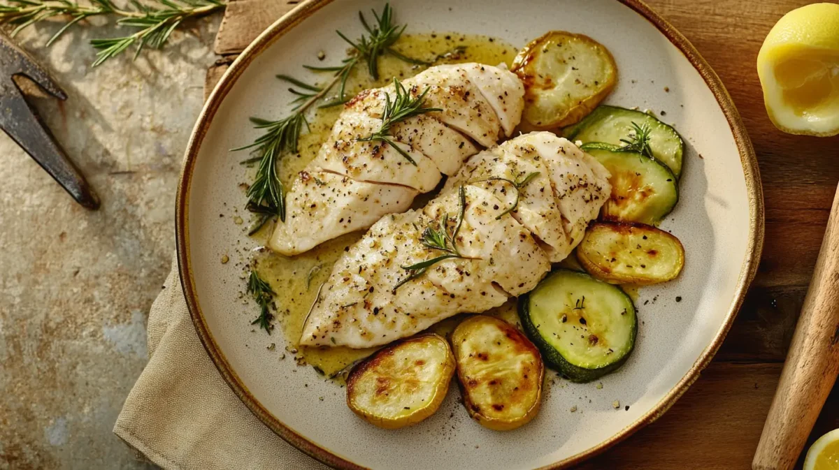 Vista dall’alto di un piatto di rustichelle di pollo dorate con verdure colorate, rosmarino fresco e limone, su un piatto rustico con tovagliolo beige.